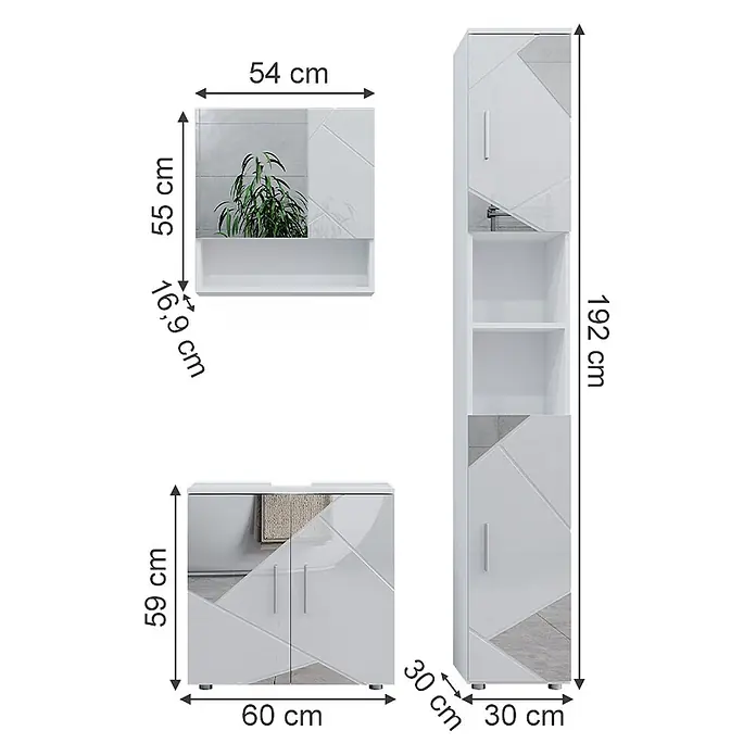 Vicco Badmöbel-Set Irma Weiß Hochglanz mit Einsätzen 3 Teile, mit Hochschrank - Gesamtbreite Badmöbel: 90 cm, Weiß Hochglanz mit Einsätzen, Matt - Weißes Badmöbel-Set: Spiegelschrank, Waschtischunterschrank und Hochschrank mit modernem Design und Spiegelelementen.