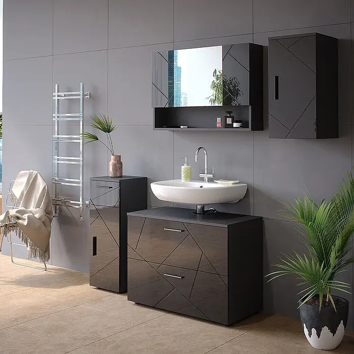 Vicco Badmöbel-Set Irma Anthrazit Hochglanz 3 Teile,mit Schubladenschrank und Midischrank - Anthrazit Hochglanz, Glänzend - Modernes, dunkles Hochglanz Badmöbel-Set mit geometrischem Muster, bestehend aus Waschtisch mit Waschbecken, Hochschrank und Spiegelschrank.