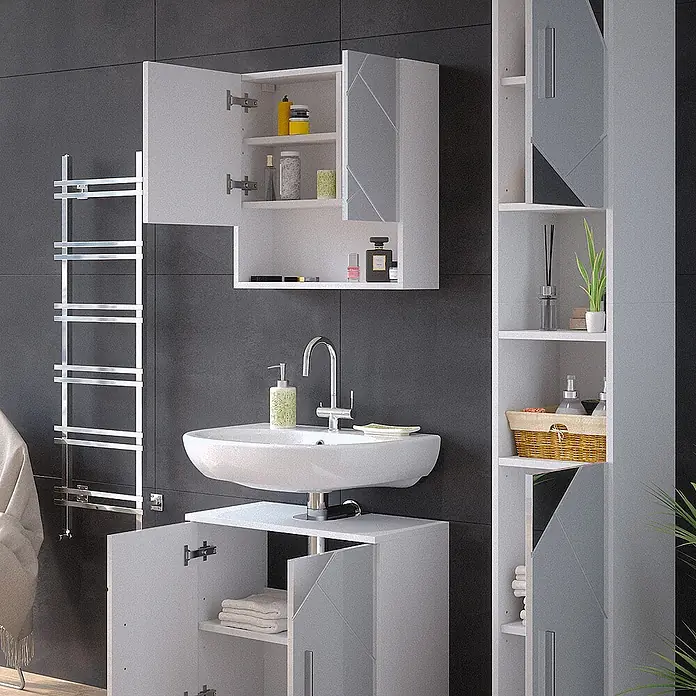 Vicco Badmöbel-Set Irma Weiß Hochglanz mit Einsätzen 3 Teile, mit Hochschrank - Gesamtbreite Badmöbel: 90 cm, Weiß Hochglanz mit Einsätzen, Matt - Moderne weiße und graue Badezimmermöbel: Wandschrank, Waschbeckenunterschrank und hoher Stauraum.