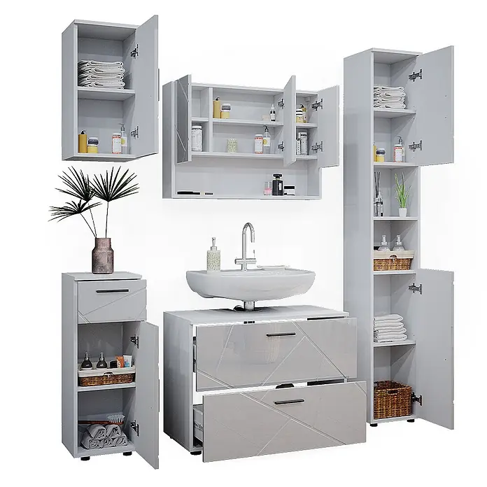 Vicco Badmöbel-Set Irma Weiß Hochglanz 5 Teile - Gesamtbreite Badmöbel: 140 cm, Weiß Hochglanz, Glänzend - Hochglanz-weißes Badmöbelset: Waschtisch mit Waschbecken, Wandschränke und hohe Aufbewahrungseinheiten mit geometrischen Akzenten.