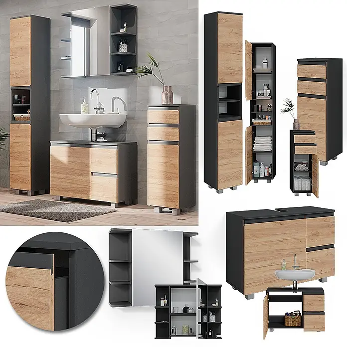 Vicco Badmöbel-Set J-Shape Grau 4 Teile - Gesamtbreite Badmöbel: 140 cm, Grau, Matt - Modernes dunkelgraues und Holz-Badmöbel-Set: Waschtisch, Hochschrank, Unterschrank und Spiegelschrank, in einem Badezimmer gezeigt.