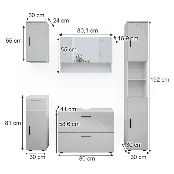 Vicco Badmöbel-Set Irma Weiß Hochglanz 5 Teile - Gesamtbreite Badmöbel: 140 cm, Weiß Hochglanz, Glänzend - Hellgraues Badmöbel-Set mit geometrischem Muster und schwarzen Griffen, inkl. Hänge-, Waschtisch- und Hochschrank, Maße angegeben.
