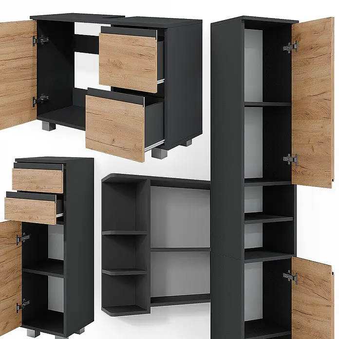 Vicco Badmöbel-Set J-Shape Grau 4 Teile - Gesamtbreite Badmöbel: 140 cm, Grau, Matt - Modulares Büromöbelset in Dunkelgrau mit hellen Holzfronten, Schränken, Schubladen und offenen Regalen für vielseitigen Stauraum.