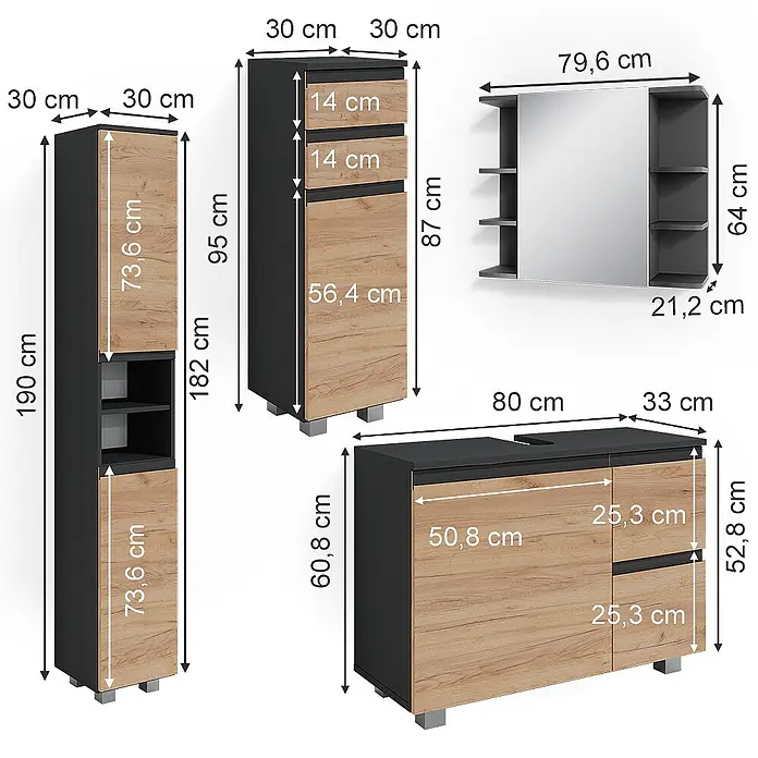 Vicco Badmöbel-Set J-Shape Grau 4 Teile - Gesamtbreite Badmöbel: 140 cm, Grau, Matt - Modernes Badmöbel-Set in Dunkelgrau und heller Holzoptik: Hochschrank, Waschtischunterschrank, Kleinmöbel und Spiegel mit Maßen.