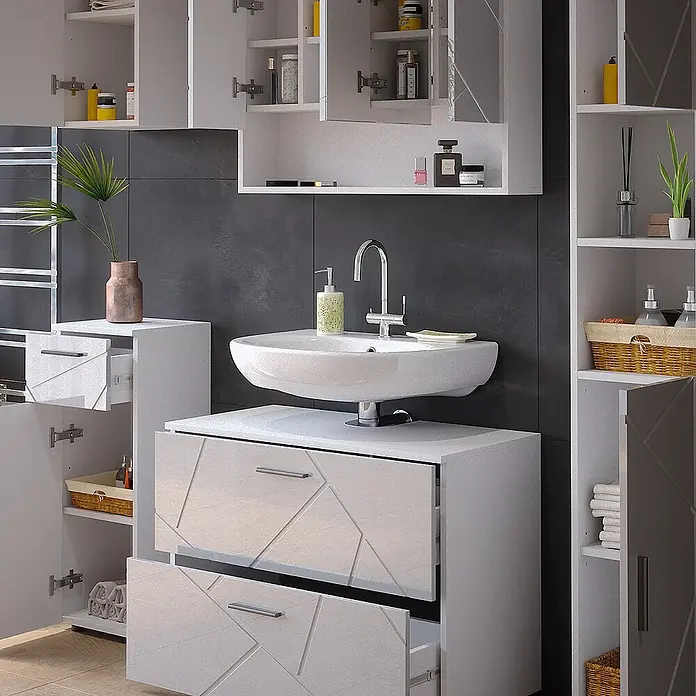 Vicco Badmöbel-Set Irma Weiß Hochglanz 5 Teile - Gesamtbreite Badmöbel: 140 cm, Weiß Hochglanz, Glänzend - Modernes weißes Badmöbelset mit geometrischem Muster, bestehend aus Waschtischunterschrank, Wandschränken und Hochschrank.