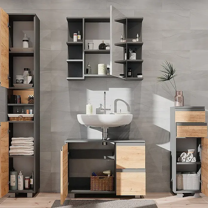 Vicco Badmöbel-Set J-Shape Grau 4 Teile - Gesamtbreite Badmöbel: 140 cm, Grau, Matt - Modernes Badezimmermöbelset in Dunkelgrau und hellem Holz mit Waschbecken, Spiegelschrank und Stauraum für ein organisiertes Bad.
