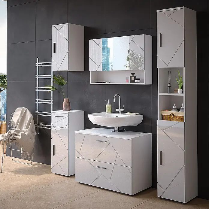 Vicco Badmöbel-Set Irma Weiß Hochglanz 5 Teile - Gesamtbreite Badmöbel: 140 cm, Weiß Hochglanz, Glänzend - Modernes weißes Badmöbel-Set mit geometrischen Fronten, bestehend aus Hängeschränken, Waschtisch und Hochschränken.
