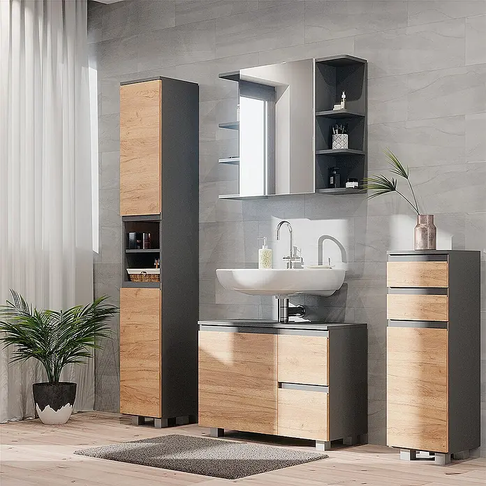 Vicco Badmöbel-Set J-Shape Grau 4 Teile - Gesamtbreite Badmöbel: 140 cm, Grau, Matt - Modernes dunkelgraues Badmöbelset mit hellen Holzfronten, bestehend aus Waschtischunterschrank, Hochschränken und Spiegelschrank.