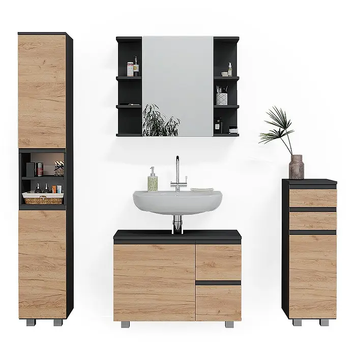 Vicco Badmöbel-Set J-Shape Grau 4 Teile - Gesamtbreite Badmöbel: 140 cm, Grau, Matt - Modernes Badmöbel-Set in hellem Holz und Dunkelgrau, bestehend aus Hochschrank, Waschtisch mit Waschbecken, Spiegelschrank und Beistellschrank.