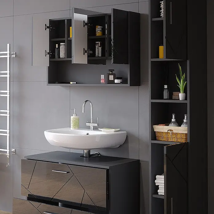 Vicco Badmöbel-Set Irma Anthrazit Hochglanz 3 Teile, mit Spiegelschrank 80 cm - Gesamtbreite Badmöbel: 80 cm, Anthrazit Hochglanz, Glänzend - Moderne dunkelgraue Badmöbel mit Waschtisch, Spiegelschrank und hohem Beistellschrank.