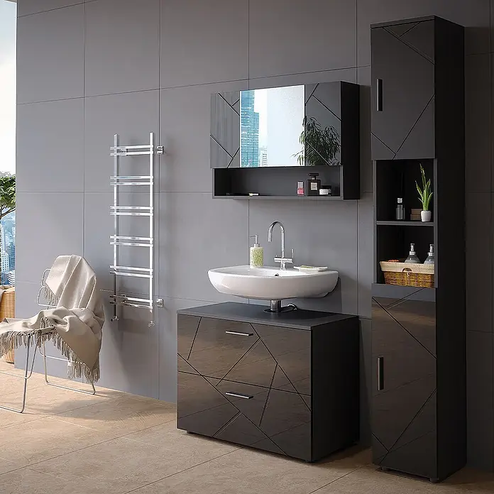Vicco Badmöbel-Set Irma Anthrazit Hochglanz 3 Teile, mit Spiegelschrank 80 cm - Gesamtbreite Badmöbel: 80 cm, Anthrazit Hochglanz, Glänzend - Modernes dunkelgraues Badmöbelset mit geometrischen Mustern, bestehend aus Waschtisch mit weißem Waschbecken, Spiegelschrank und Hochschrank.