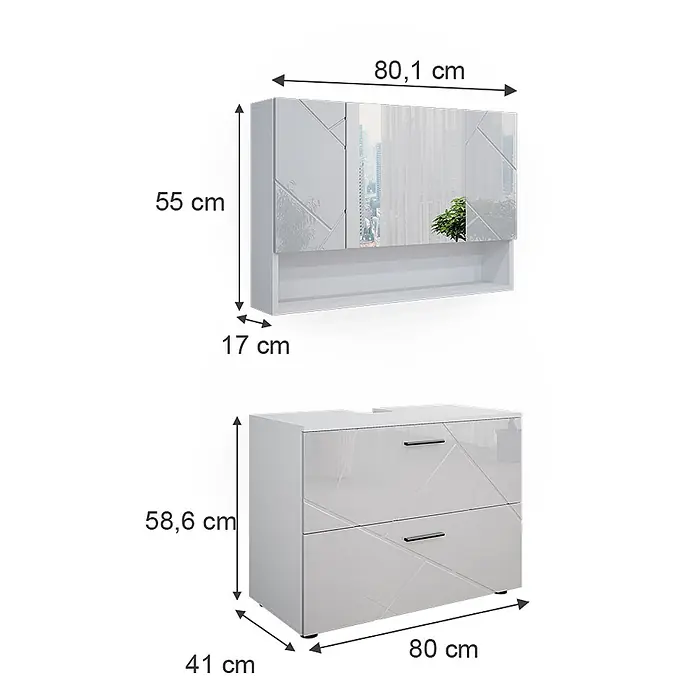 Vicco Badmöbel-Set Irma Weiß Hochglanz 2 Teile, Unterschrank 80 cm - Gesamtbreite Badmöbel: 80 cm, Weiß Hochglanz, Glänzend - Weißes Hochglanz Badmöbel-Set mit geometrischem Muster: Spiegelschrank und Waschtischunterschrank mit zwei Schubladen.