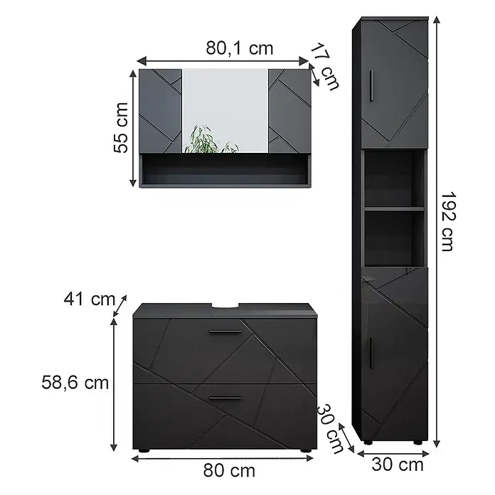 Vicco Badmöbel-Set Irma Anthrazit Hochglanz 3 Teile, mit Spiegelschrank 80 cm - Gesamtbreite Badmöbel: 80 cm, Anthrazit Hochglanz, Glänzend - Schwarze Badmöbelgarnitur mit geometrischen Mustern, bestehend aus Spiegelschrank, Waschtischunterschrank und Hochschrank.