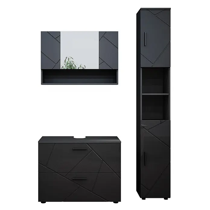 Vicco Badmöbel-Set Irma Anthrazit Hochglanz 3 Teile, mit Spiegelschrank 80 cm - Gesamtbreite Badmöbel: 80 cm, Anthrazit Hochglanz, Glänzend - Dunkelgraues Badmöbel-Set: Spiegelschrank, Waschtischunterschrank und Hochschrank mit geometrischem Muster und Hochglanz.