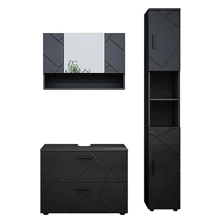 Vicco  Badmöbel-Set Irma Anthrazit Hochglanz 3 Teile, mit Spiegelschrank 80 cm