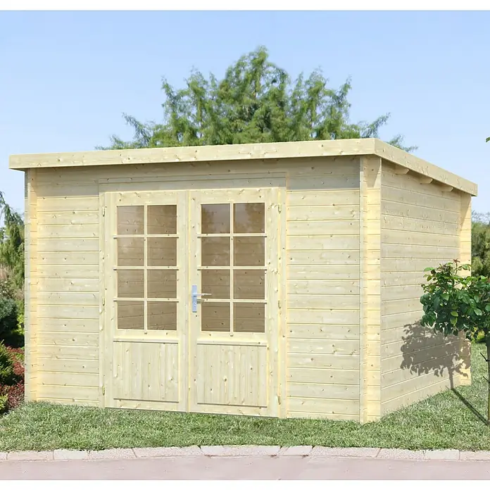 Palmako Gartenhaus Marseille 2 - Außenmaß inkl. Dachüberstand (B x T): 323 x 340 cm, Holz, Natur - Ein modernes Gartenhaus aus Holz mit Doppeltür. Das Haus bietet mit seiner Holzkonstruktion ausreichend Platz.