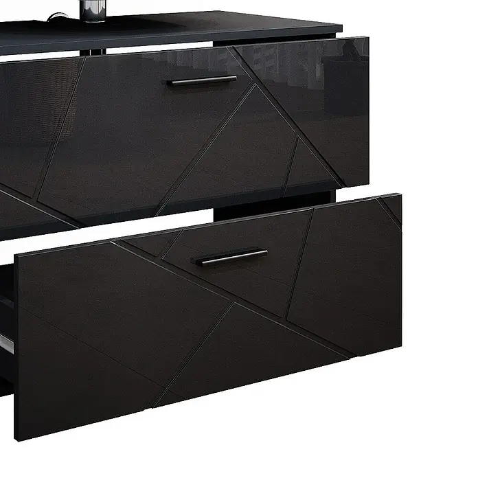 Vicco Badmöbel-Set Irma Anthrazit Hochglanz 3 Teile, mit Spiegelschrank 80 cm - Gesamtbreite Badmöbel: 80 cm, Anthrazit Hochglanz, Glänzend - Dunkelbrauner Schrank mit geometrischen Schubladen, eine leicht geöffnet.