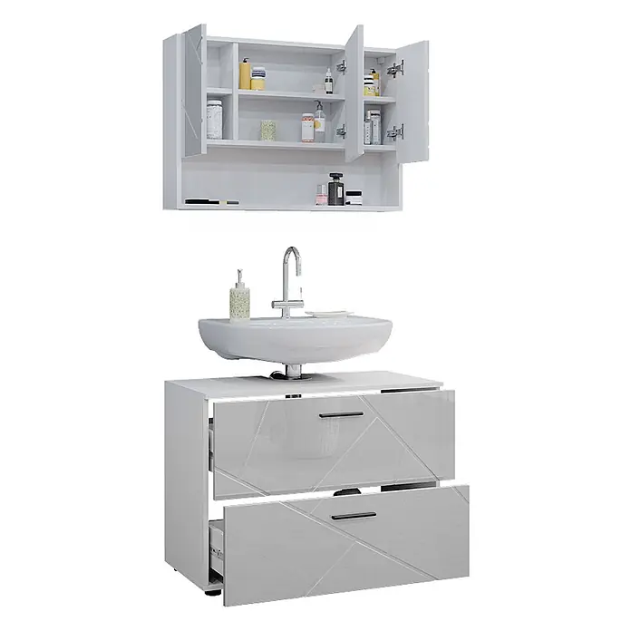 Vicco Badmöbel-Set Irma Weiß Hochglanz 2 Teile, Unterschrank 80 cm - Gesamtbreite Badmöbel: 80 cm, Weiß Hochglanz, Glänzend - Weißes Hochglanz-Badmöbelset mit Wandschrank, geöffneten Türen und Waschtischunterschrank mit geöffneten Schubladen.