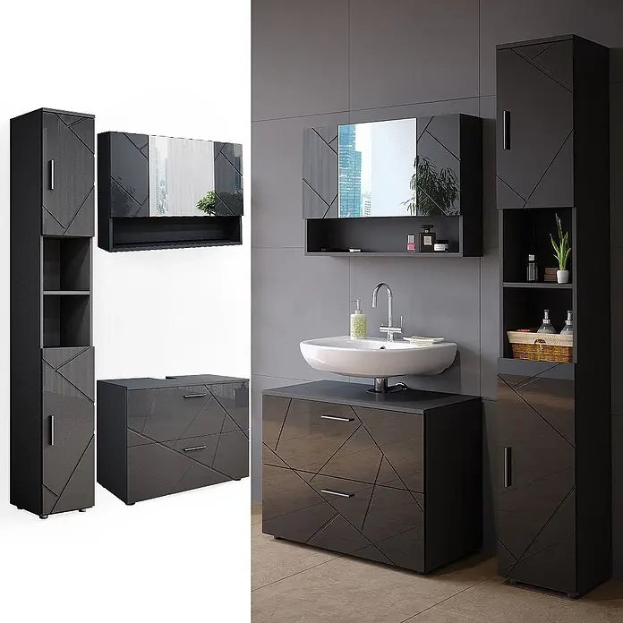 Vicco Badmöbel-Set Irma Anthrazit Hochglanz 3 Teile, mit Spiegelschrank 80 cm - Gesamtbreite Badmöbel: 80 cm, Anthrazit Hochglanz, Glänzend - Anthrazitglänzendes Badmöbelset mit geometrischem Muster, inklusive Hochschrank, Spiegelschrank und Waschtisch mit weißem Waschbecken.