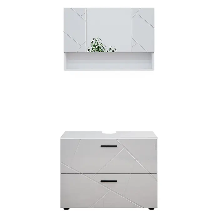 Vicco Badmöbel-Set Irma Weiß Hochglanz 2 Teile, Unterschrank 80 cm - Gesamtbreite Badmöbel: 80 cm, Weiß Hochglanz, Glänzend - Weißes Badmöbel-Set mit geometrischem Muster, Spiegelschrank mit Regal und Unterschrank mit zwei Schubladen und schwarzen Griffen.