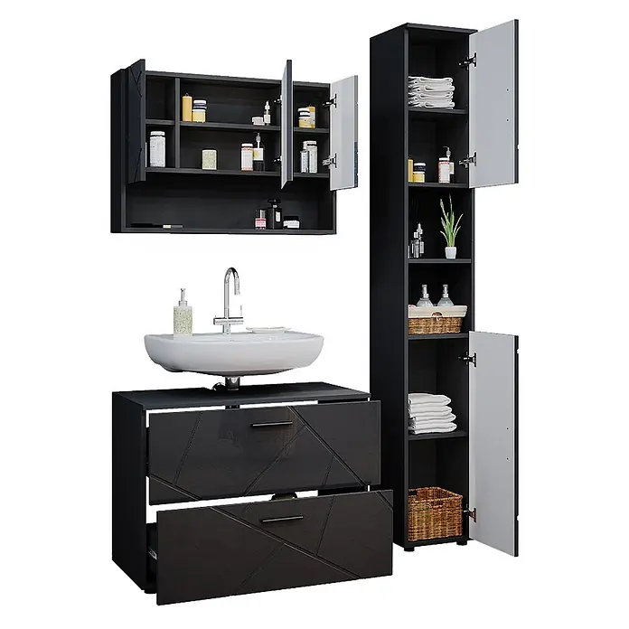 Vicco Badmöbel-Set Irma Anthrazit Hochglanz 3 Teile, mit Spiegelschrank 80 cm - Gesamtbreite Badmöbel: 80 cm, Anthrazit Hochglanz, Glänzend - Schwarzes Badmöbel-Set: Wandschrank, Waschtisch mit offenen Schubladen und hoher Schrank mit offenen Türen, gefüllt mit Pflegeprodukten.