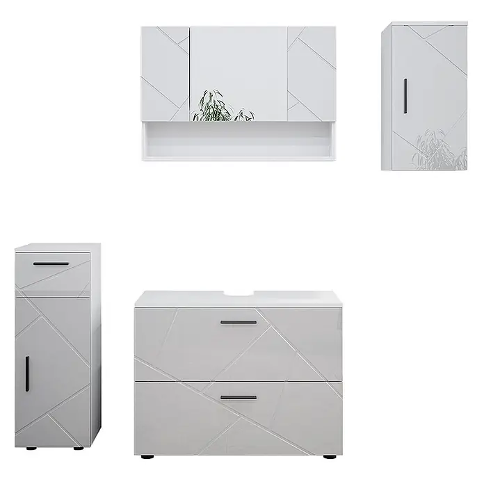 Vicco Badmöbel-Set Irma Weiß Hochglanz 4 Teile - Gesamtbreite Badmöbel: 110 cm, Weiß Hochglanz, Glänzend - Weißes Badmöbelset: Spiegelschrank, Hochschrank und Waschtischunterschrank mit geometrischem Muster und schwarzen Griffen.
