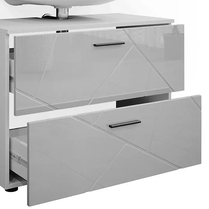 Vicco Badmöbel-Set Irma Weiß Hochglanz 2 Teile, Unterschrank 80 cm - Gesamtbreite Badmöbel: 80 cm, Weiß Hochglanz, Glänzend - Hellgrauer Hochglanz-Badunterschrank mit zwei offenen Schubladen, geometrischem Muster und schwarzen Griffen.