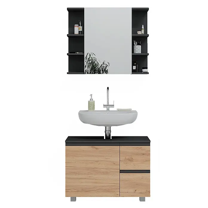 Vicco Badmöbel-Set J-Shape Grau 2 Teile - Gesamtbreite Badmöbel: 80 cm, Grau, Matt - Modernes Badmöbel-Set: schwarzer Spiegelschrank mit offenen Seitenregalen, weißes Waschbecken und Unterschrank in Holzoptik mit schwarzer Platte.