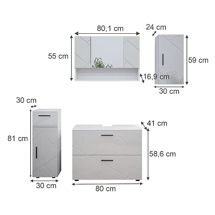 Vicco Badmöbel-Set Irma Weiß Hochglanz 4 Teile - Gesamtbreite Badmöbel: 110 cm, Weiß Hochglanz, Glänzend - Hellgraues Badmöbel-Set mit geometrischem Muster, bestehend aus Spiegelschrank, Hängeschrank, Hochschrank und Waschtischunterschrank.