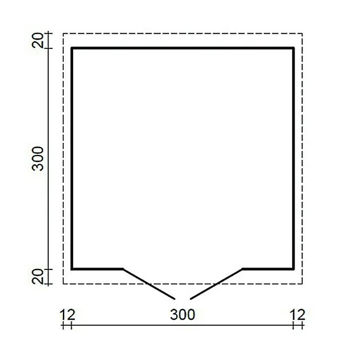 Palmako Gartenhaus Marseille 2 - Außenmaß inkl. Dachüberstand (B x T): 323 x 340 cm, Holz, Natur - Schematische Darstellung eines quadratischen Gartenhauses mit Vordach und Maßen, ideal für Gartenplanung.