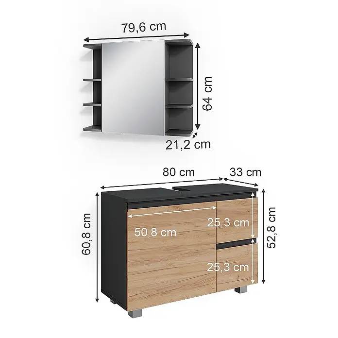 Vicco Badmöbel-Set J-Shape Grau 2 Teile - Gesamtbreite Badmöbel: 80 cm, Grau, Matt - Moderner Badunterschrank mit schwarzem Rahmen, Holzoptik-Türen und passendem Wandspiegelschrank mit offenen Regalen.