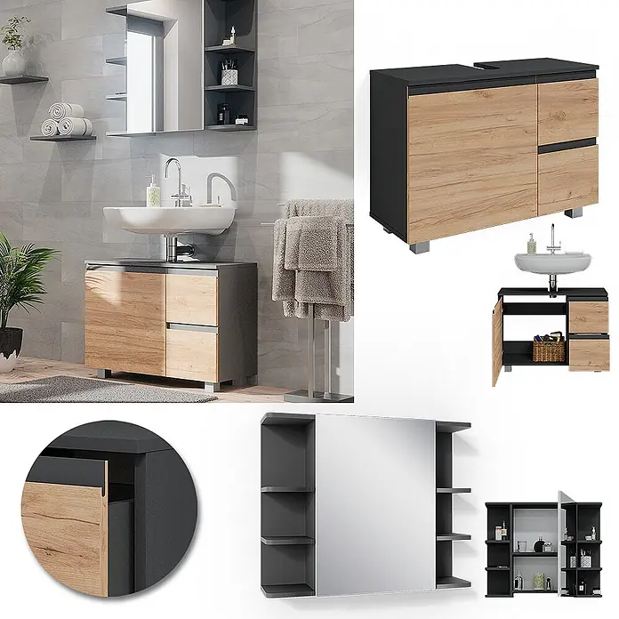 Vicco Badmöbel-Set J-Shape Grau 2 Teile - Gesamtbreite Badmöbel: 80 cm, Grau, Matt - Modernes Badmöbelset: Waschtischunterschrank mit Holzoptikfronten und dunkelgrauem Korpus, dazu passender Spiegelschrank.