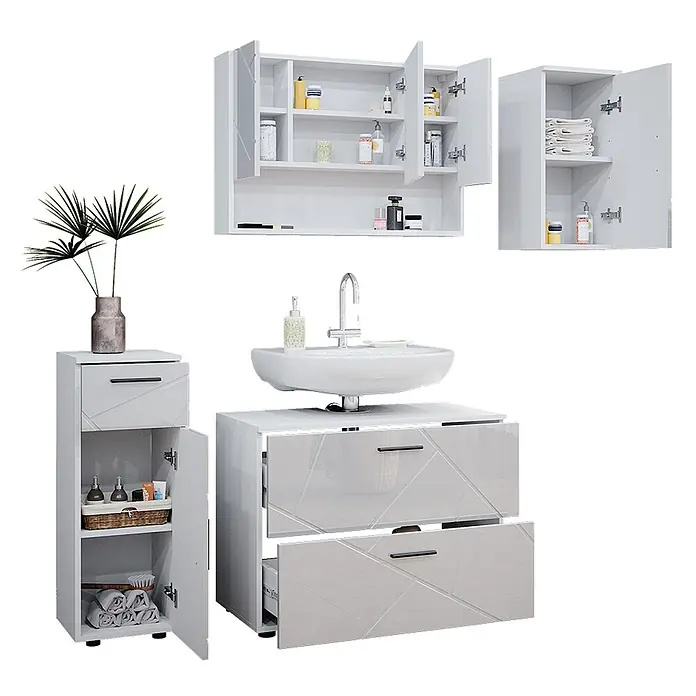 Vicco Badmöbel-Set Irma Weiß Hochglanz 4 Teile - Gesamtbreite Badmöbel: 110 cm, Weiß Hochglanz, Glänzend - Weißes hochglänzendes Badmöbelset mit geometrischen Mustern, bestehend aus Waschtisch mit Waschbecken, Hochschrank und Wandschränken.