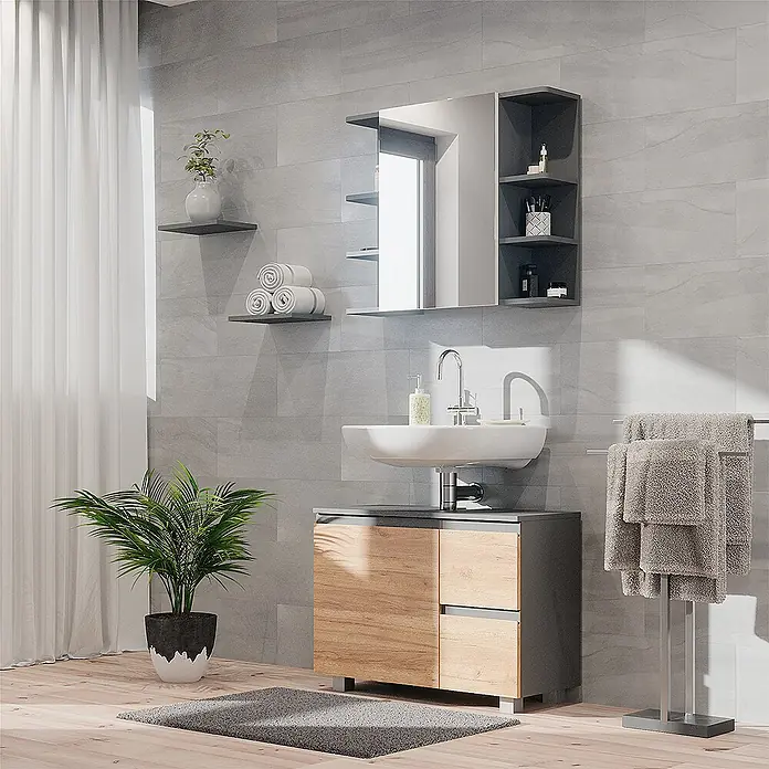 Vicco Badmöbel-Set J-Shape Grau 2 Teile - Gesamtbreite Badmöbel: 80 cm, Grau, Matt - Moderner Badschrank mit weißem Waschbecken, hellem Holz- und grauem Unterschrank sowie einem grauen Spiegelschrank mit offenen Regalen.