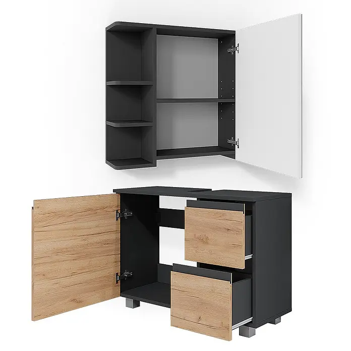 Vicco Badmöbel-Set J-Shape Grau 2 Teile - Gesamtbreite Badmöbel: 80 cm, Grau, Matt - Dunkelgraues Badmöbelset: Wandschrank mit offenen Regalen, weißer Tür; Unterschrank mit Holztür, zwei geöffneten Schubladen.