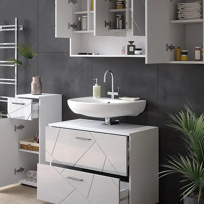 Vicco Badmöbel-Set Irma Weiß Hochglanz 4 Teile - Gesamtbreite Badmöbel: 110 cm, Weiß Hochglanz, Glänzend - Modernes weißes Hochglanz-Badmöbel-Set mit Waschbecken und geometrisch gemusterten Schubladen.