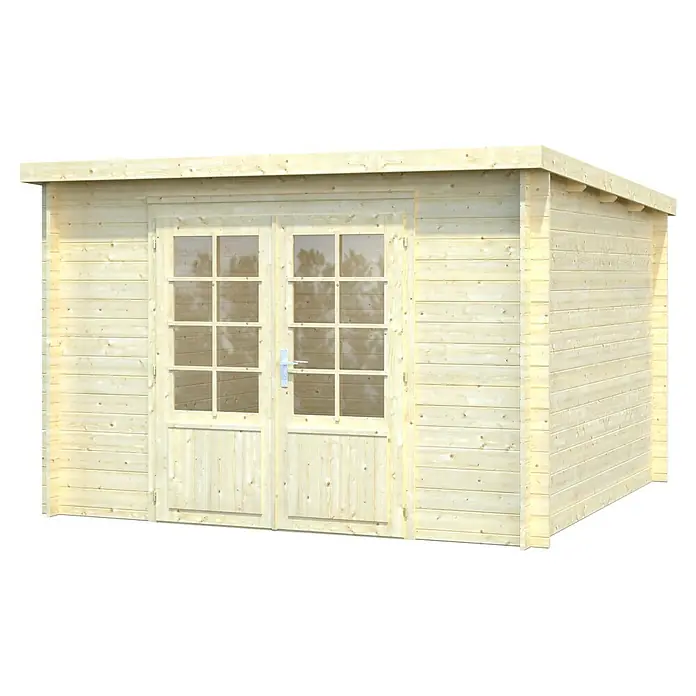 Palmako Gartenhaus Marseille 2 - Außenmaß inkl. Dachüberstand (B x T): 323 x 340 cm, Holz, Natur - Abbildung eines hellen Holzgartenhauses mit Doppeltür und Fenstern. Ideal für die Aufbewahrung und als Gartenraum.
