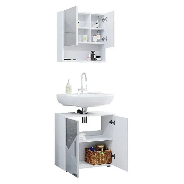 Vicco Badmöbel-Set Irma Weiß Hochglanz mit Einsätzen 2 Teile, Unterschrank 60 cm - Gesamtbreite Badmöbel: 60 cm, Weiß Hochglanz mit Einsätzen, Matt - Weißes Badmöbel-Set mit Spiegelschrank, Waschbecken und Unterschrank. Der Spiegelschrank hat einen Spiegel und offene Fächer, der Unterschrank offene Fächer und Stauraum.