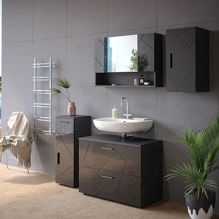 Vicco Badmöbel-Set Irma Anthrazit Hochglanz 4 Teile - Gesamtbreite Badmöbel: 110 cm, Anthrazit Hochglanz, Glänzend - Modernes dunkelgraues Badmöbelset mit geometrischem Muster: Waschtischunterschrank mit Waschbecken, Hochschrank und Spiegelschrank.
