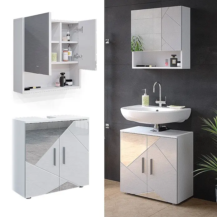 Vicco Badmöbel-Set Irma Weiß Hochglanz mit Einsätzen 2 Teile, Unterschrank 60 cm - Gesamtbreite Badmöbel: 60 cm, Weiß Hochglanz mit Einsätzen, Matt - Weißes Badmöbelset mit geometrischen Spiegelelementen. Besteht aus einem Spiegelschrank und einem Waschtischunterschrank.