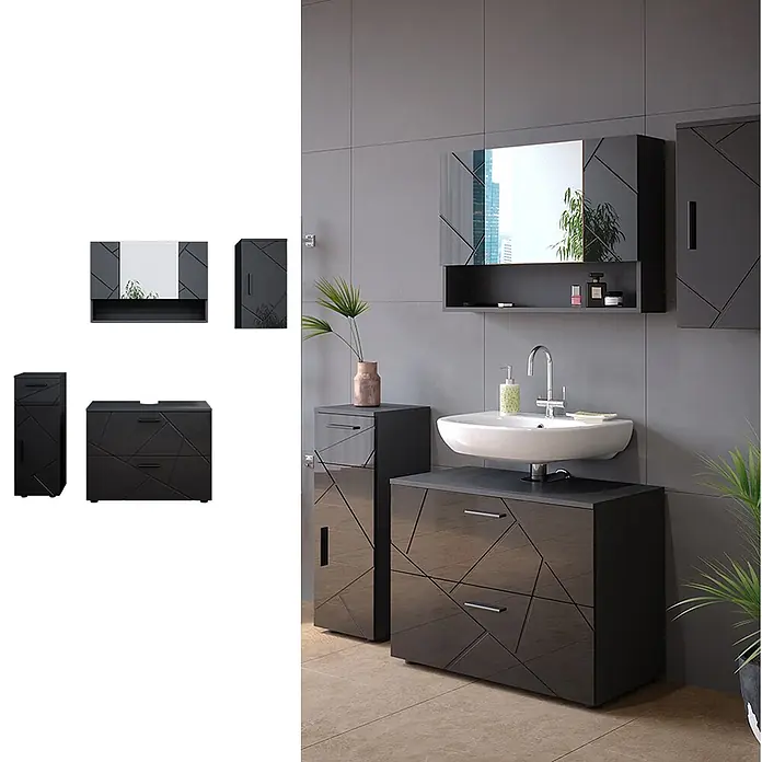 Vicco Badmöbel-Set Irma Anthrazit Hochglanz 4 Teile - Gesamtbreite Badmöbel: 110 cm, Anthrazit Hochglanz, Glänzend - Hochglänzendes dunkelgraues Badmöbel-Set mit geometrischem Muster, bestehend aus Waschtischunterschrank, Waschbecken, Spiegelschrank und Hochschrank.