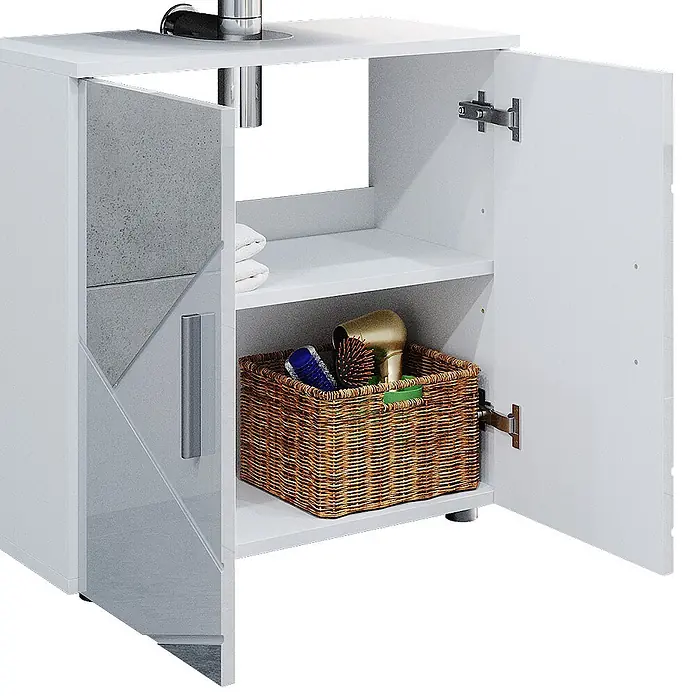 Vicco Badmöbel-Set Irma Weiß Hochglanz mit Einsätzen 2 Teile, Unterschrank 60 cm - Gesamtbreite Badmöbel: 60 cm, Weiß Hochglanz mit Einsätzen, Matt - Weißer Badunterschrank mit zwei Türen, eine mit grauer Platte, offen für Regale, einen Weidenkorb mit Zubehör und Handtüchern. Mit silbernem Griff und Füßen.