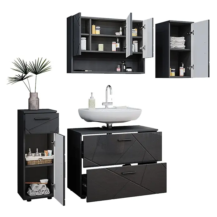 Vicco Badmöbel-Set Irma Anthrazit Hochglanz 4 Teile - Gesamtbreite Badmöbel: 110 cm, Anthrazit Hochglanz, Glänzend - Dunkelgraues Badmöbelset mit geometrischem Muster, bestehend aus Waschbecken, Wandschrank und hohem Beistellschrank.