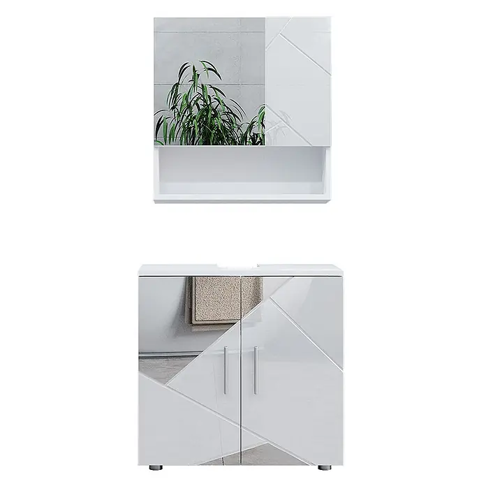 Vicco Badmöbel-Set Irma Weiß Hochglanz mit Einsätzen 2 Teile, Unterschrank 60 cm - Gesamtbreite Badmöbel: 60 cm, Weiß Hochglanz mit Einsätzen, Matt - Weißes hochglänzendes Badmöbel-Set mit geometrischem Design, Spiegelschrank mit Ablage und Unterschrank mit zwei Türen.