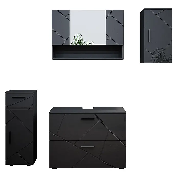 Vicco Badmöbel-Set Irma Anthrazit Hochglanz 4 Teile - Gesamtbreite Badmöbel: 110 cm, Anthrazit Hochglanz, Glänzend - Schwarzes Badmöbel-Set mit geometrischem Muster, bestehend aus Spiegelschrank, Waschtischunterschrank, Hochschrank und Seitenschrank.