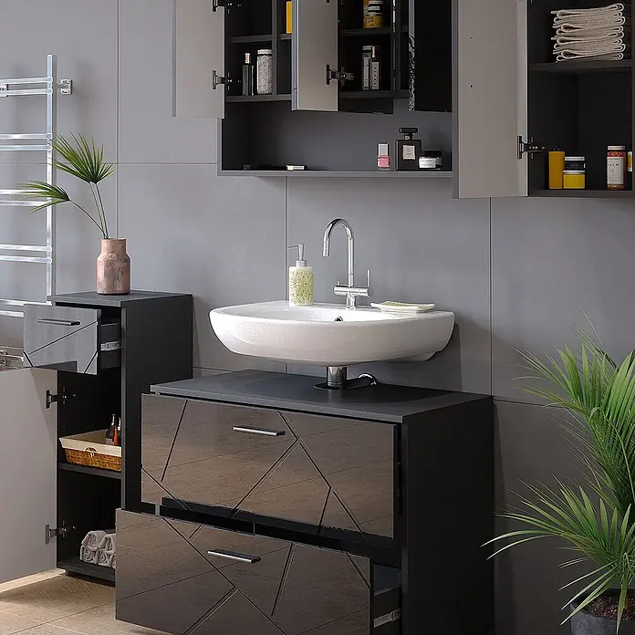 Vicco Badmöbel-Set Irma Anthrazit Hochglanz 4 Teile - Gesamtbreite Badmöbel: 110 cm, Anthrazit Hochglanz, Glänzend - Dunkelgraue Badmöbel-Garnitur mit Waschbecken und Hochschrank, glänzendem geometrischem Muster auf den Fronten.