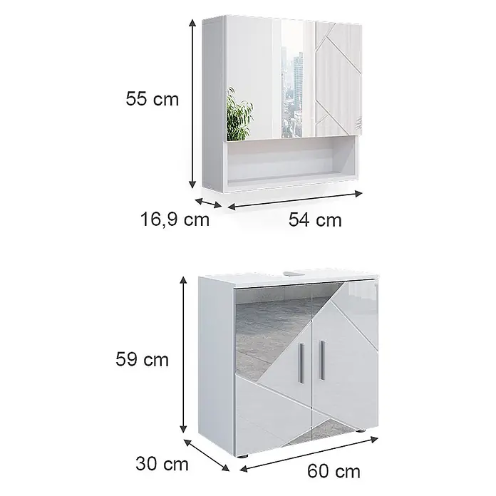 Vicco Badmöbel-Set Irma Weiß Hochglanz mit Einsätzen 2 Teile, Unterschrank 60 cm - Gesamtbreite Badmöbel: 60 cm, Weiß Hochglanz mit Einsätzen, Matt - Weißes Badmöbel-Set mit Spiegel- und Mustertüren, bestehend aus Hänge- und Unterschrank.