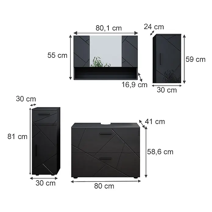 Vicco Badmöbel-Set Irma Anthrazit Hochglanz 4 Teile - Gesamtbreite Badmöbel: 110 cm, Anthrazit Hochglanz, Glänzend - Schwarzes Badmöbelset mit geometrischem Muster, bestehend aus Spiegel-, Hochschrank, Wandschrank und Waschtischunterschrank.