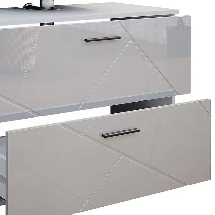 Vicco Badmöbel-Set Irma Weiß Hochglanz 3 Teile, mit Spiegelschrank 80 cm - Gesamtbreite Badmöbel: 80 cm, Weiß Hochglanz, Glänzend - Hellgraue Kommodenschubladen mit geometrischem Muster, eine offen, mit dunklen Griffen.