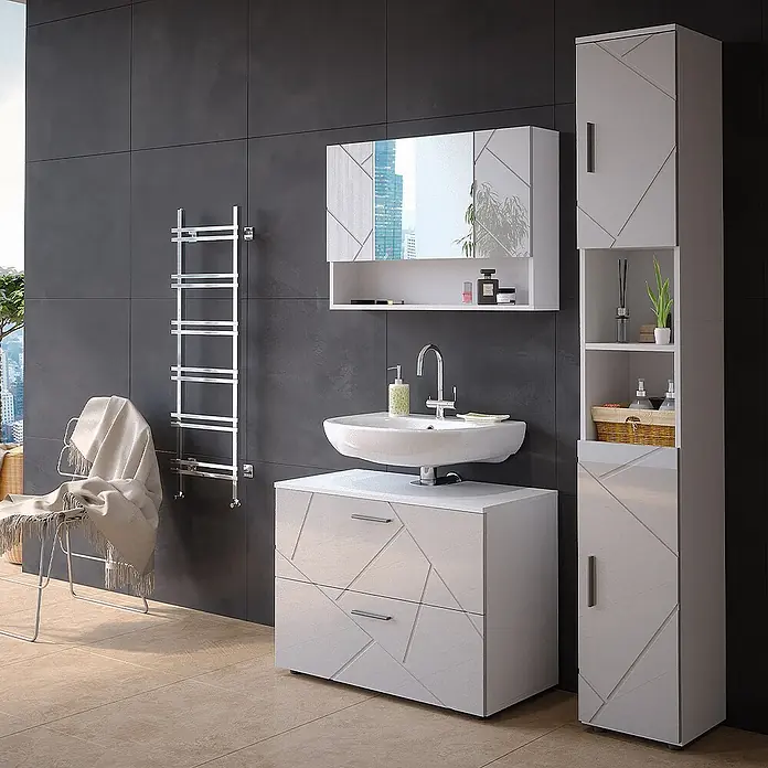 Vicco Badmöbel-Set Irma Weiß Hochglanz 3 Teile, mit Spiegelschrank 80 cm - Gesamtbreite Badmöbel: 80 cm, Weiß Hochglanz, Glänzend - Weißes Badmöbelset mit geometrischen Mustern, bestehend aus Waschtisch mit Waschbecken, Spiegelschrank und Hochschrank.